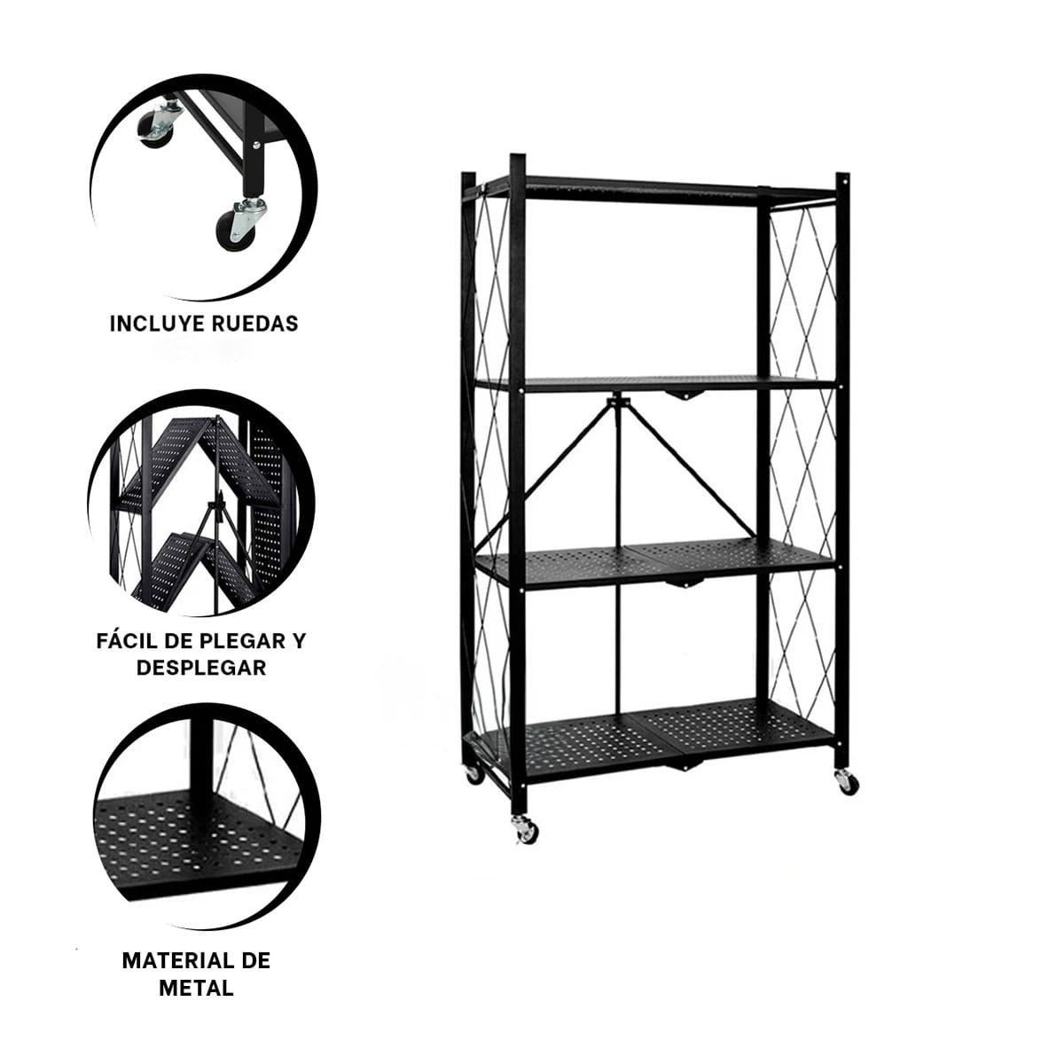 ANAQUEL PLEGABLE DE METAL CON 4 NIVELES NEGRO PARA COCINA SALA Y HOGAR Y+PAPEL REGALO - 5