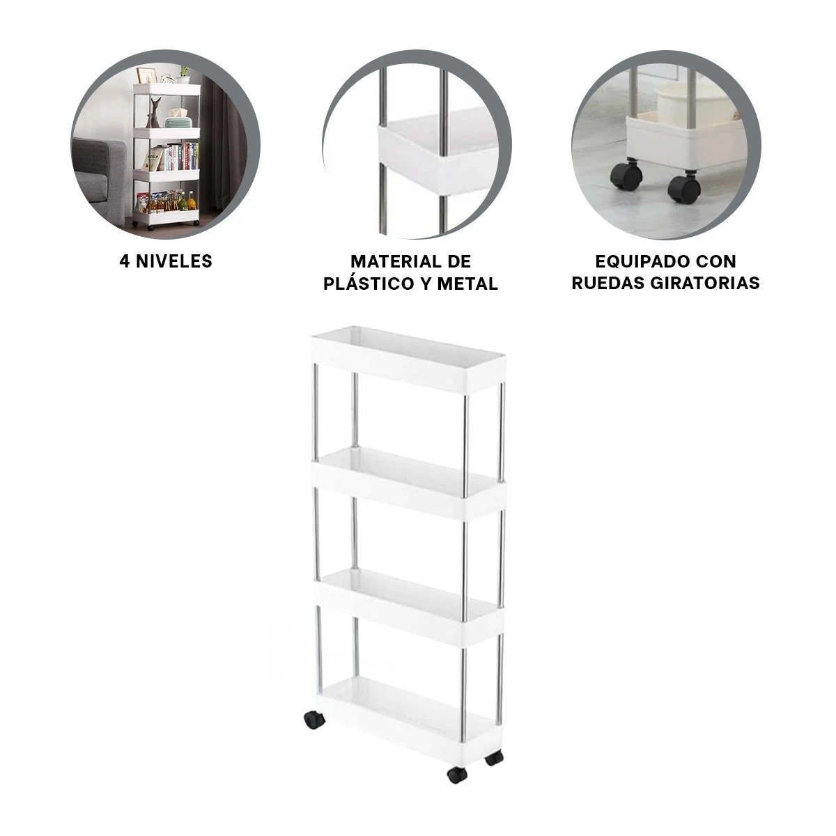 RACK DE COCINA 4 NIVELES CON RUEDAS BLANCO PARA HOGAR Y ESPACIOS REDUCIDOS Y+POST IT - 5