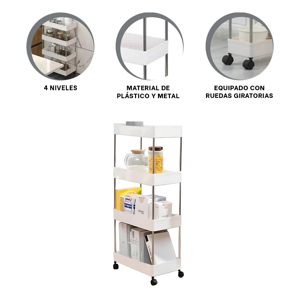 ORGANIZADOR DE COCINA 4 NIVELES CON RUEDAS DELGADO BLANCO 90 X 13 X 40 CM Y+PAPEL REGALO - 5