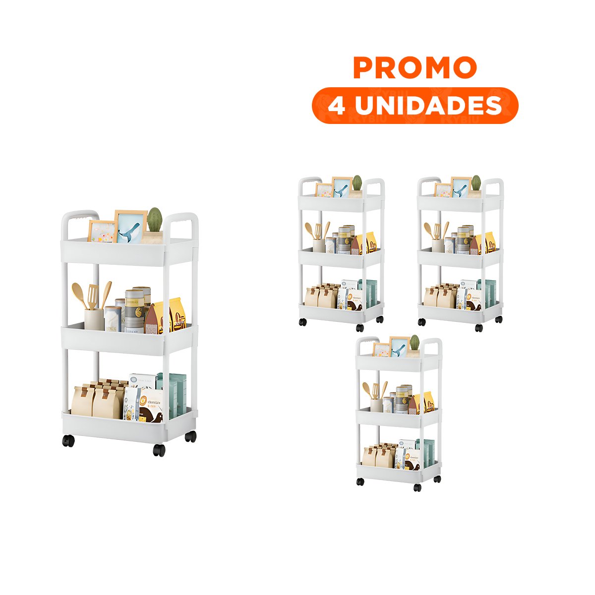 PACK4 CARRITO MULTIUSO 3 NIVELES CON RUEDAS Y ASAS EN PLASTICO BLANCO HOGAR - 1