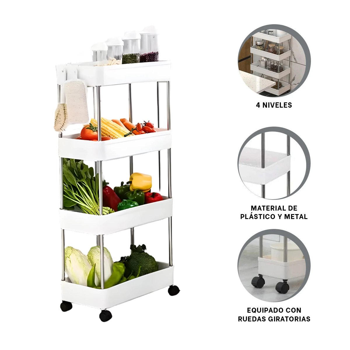 ANAQUEL DE COCINA 4 NIVELES CON RUEDAS DELGADO BLANCO 90 X 13 X 40 CM Y+POST IT - 5