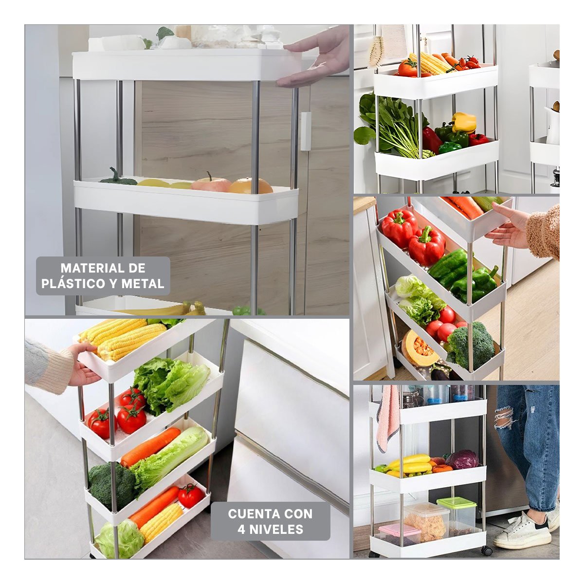 MUEBLE DE COCINA 4 NIVELES CON RUEDAS DELGADO BLANCO PARA HOGAR 90 X 13 X 40 CM Y+LIGAS REGALO - 1