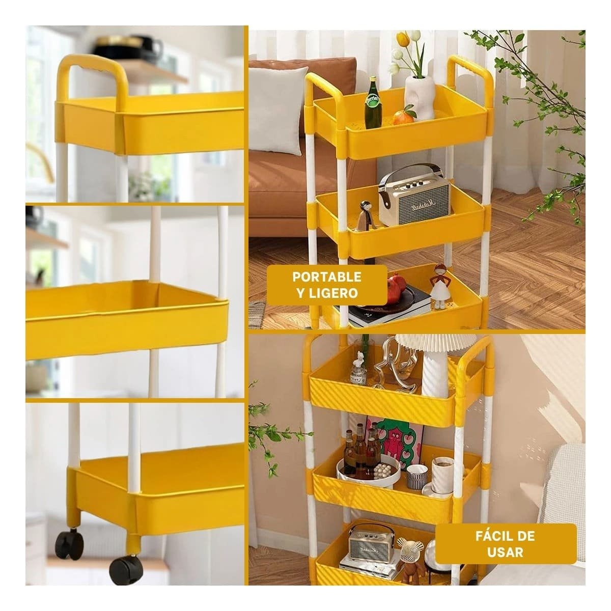 CARRITO DE COCINA 3 NIVELES CON RUEDAS AMARILLO PARA ALMACENAJE PRACTICO EN HOGAR Y+POST IT - 2