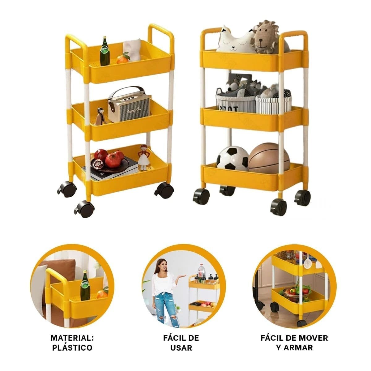 CARRITO DE COCINA 3 NIVELES CON RUEDAS AMARILLO PARA ALMACENAJE PRACTICO EN HOGAR Y+POST IT - 5