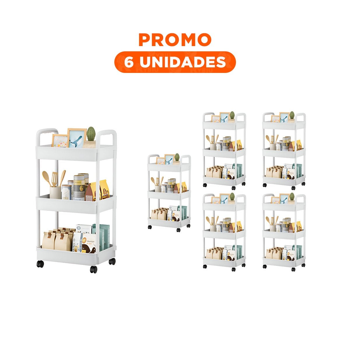 PACK6 ESTANTE AUXILIAR 3 NIVELES CON RUEDAS Y ASAS PLASTICO BLANCO PARA COCINA Y+REGALO STICKER - 1