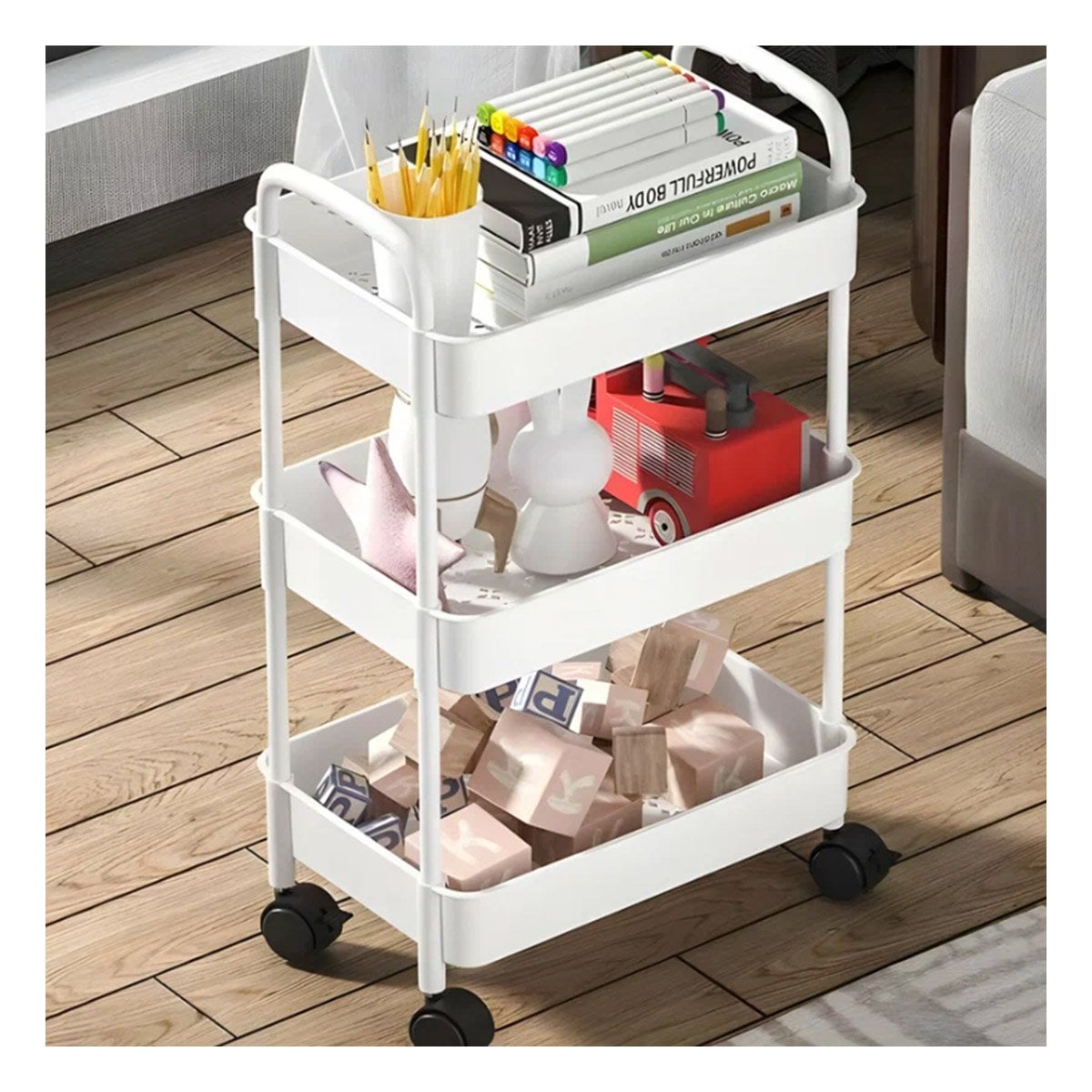 PACK6 ESTANTE AUXILIAR 3 NIVELES CON RUEDAS Y ASAS PLASTICO BLANCO PARA COCINA Y+REGALO STICKER - 3
