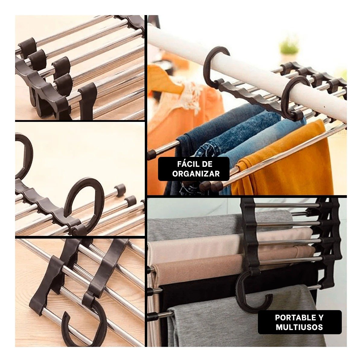 PACK6 RACK COMPACTO PARA PANTALONES ESTILO PERCHA MAGICA NEGRO 5 EN 1 HOGAR Y+PAPEL REGALO - 3