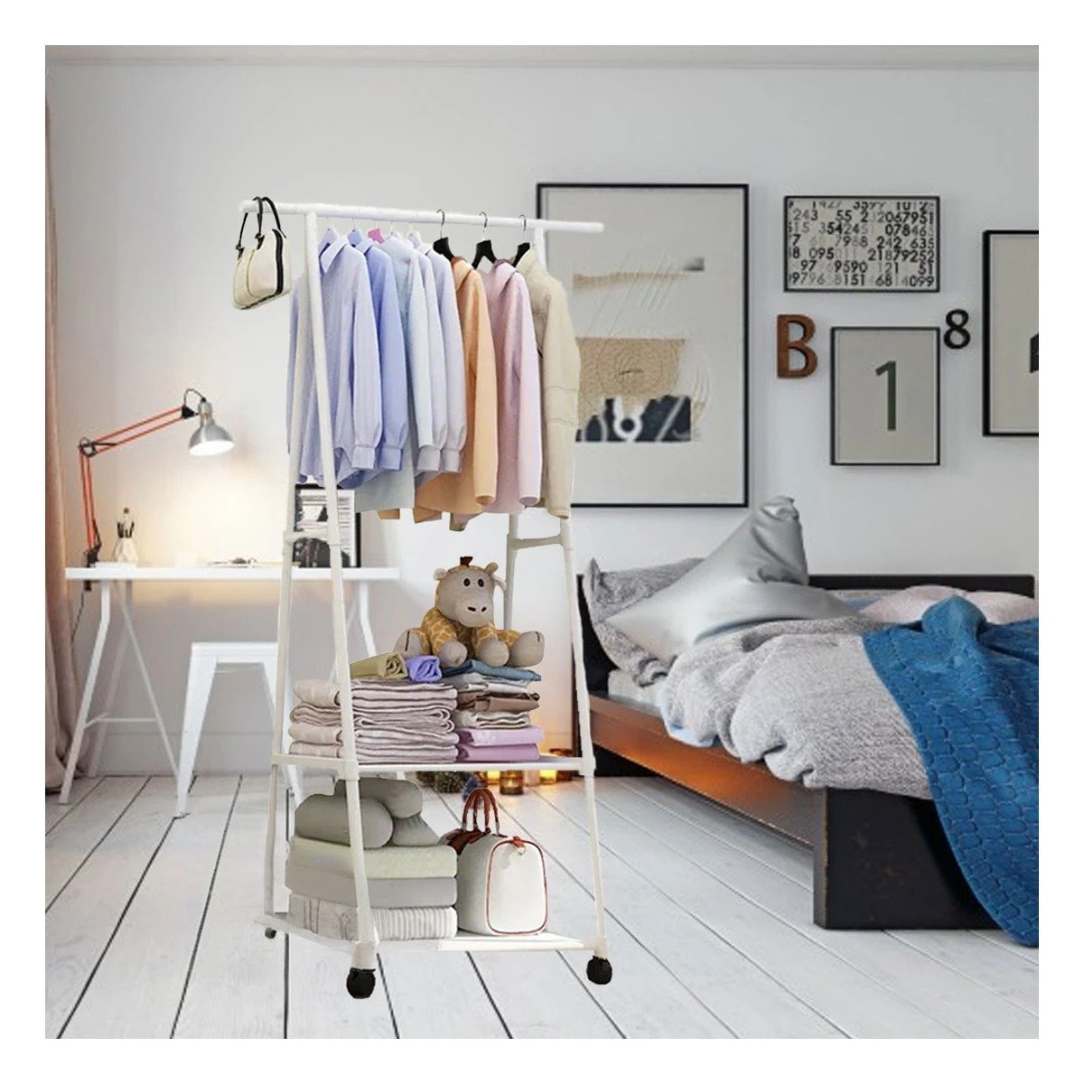 IMPLEMENTO TRIANGULAR CON RUEDAS COMPACTO PARA CASA Y DORMITORIO BLANCO Y+REGALO STICKER - 2