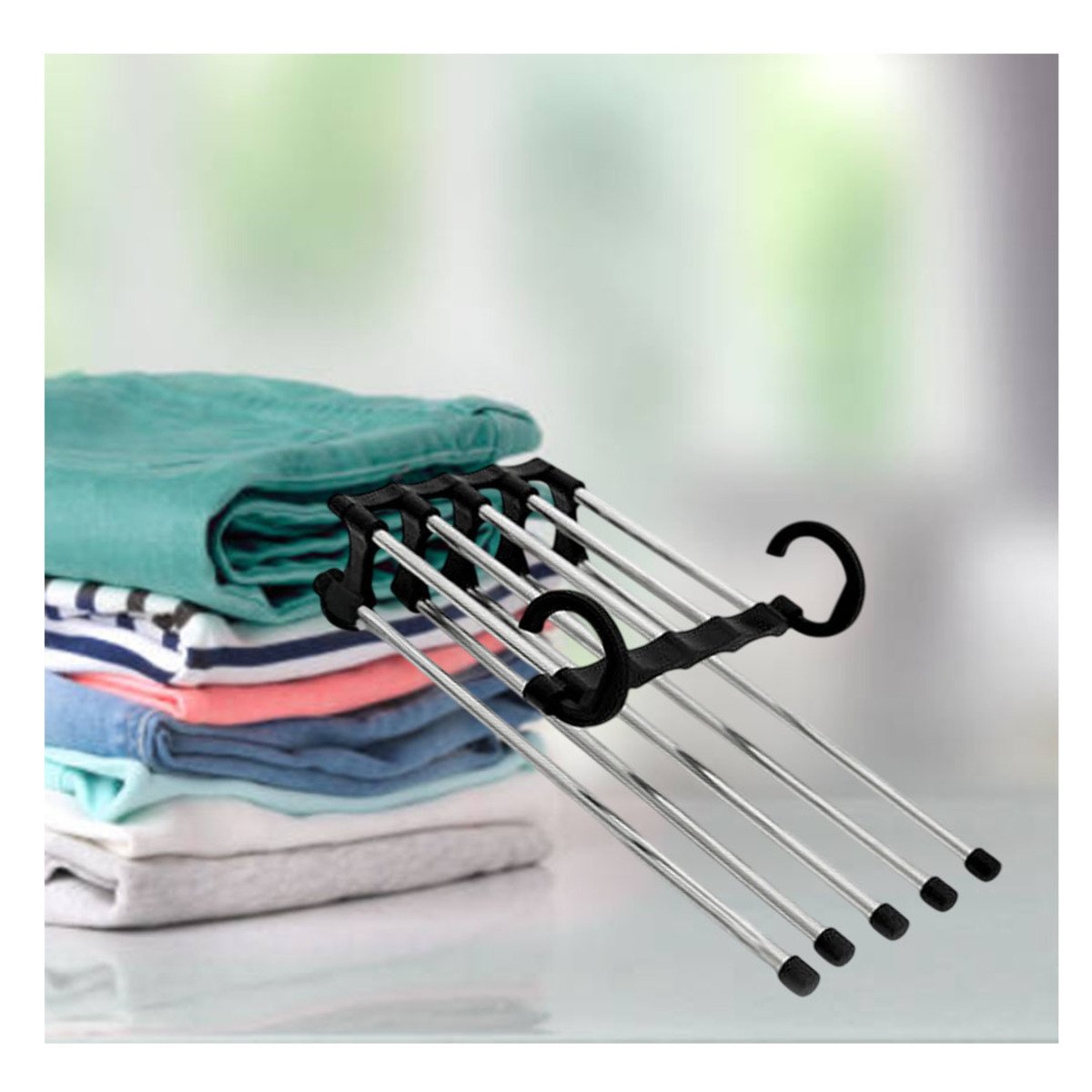 PERCHA PRACTICA PARA PANTALONES SISTEMA MAGICO COLOR NEGRO 5 EN 1 HOGAR Y+POST IT - 3