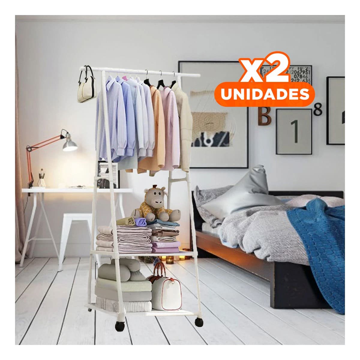 PACK2 PERCHERO TRIANGULAR CON RUEDAS COMPACTO PARA DORMITORIO O PASILLO BLANCO Y+PAPEL REGALO - 1