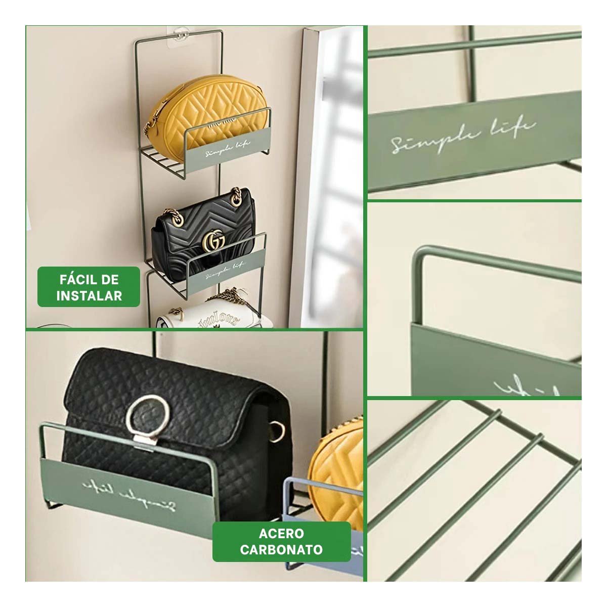 ORGANIZADOR DOBLE NIVEL PARA CARTERAS VERDE 45X17X19CM USO DIARIO PLUS Y+LIGAS REGALO - 1