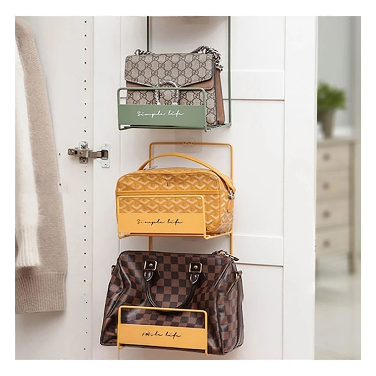 PACK4 RACK DE CARTERAS AMARILLO 2 NIVELES 45X17X19CM ESTRUCTURA FIRME Y+PAPEL REGALO - 2