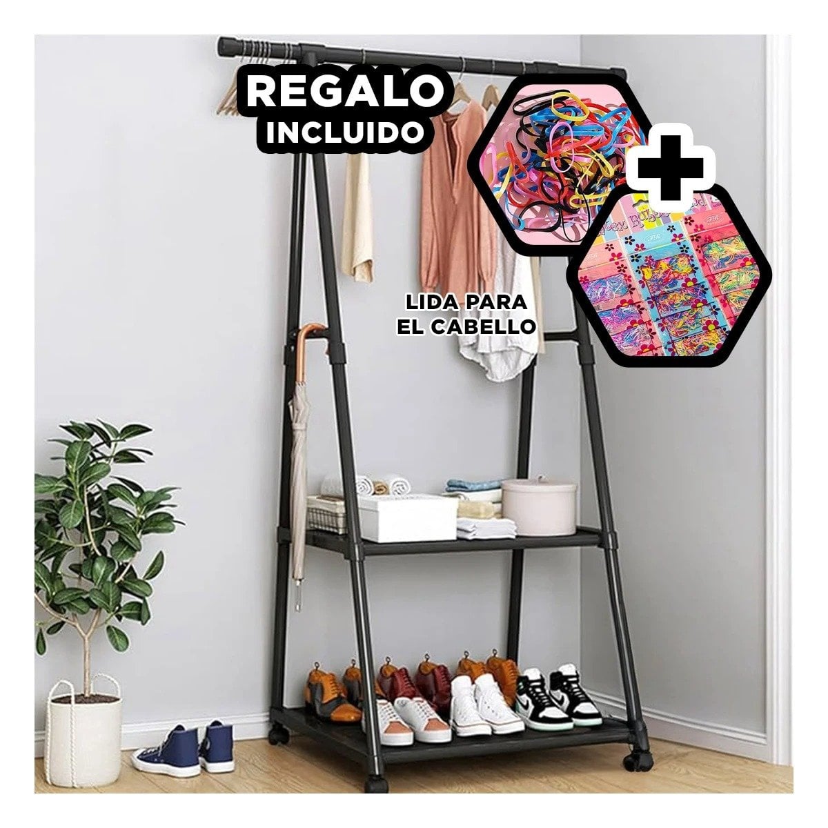 ARTICULO TRIANGULAR CON RUEDAS PRÁCTICO PARA COLOCAR EN DORMITORIO NEGRO Y+LIGAS REGALO - 2