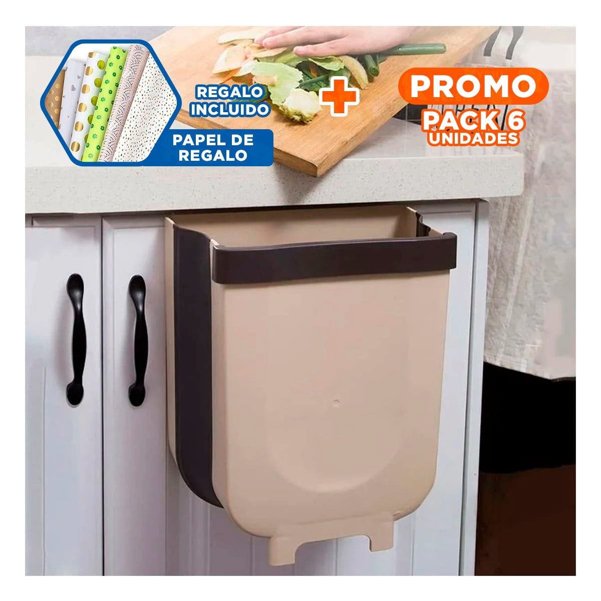 PACK6 BASURERO PORTATIL BEIGE PLEGABLE PARA USO DIARIO EN COCINA HOGAR - 1