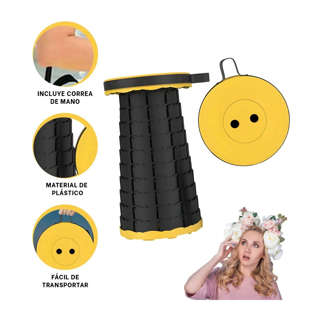 ASIENTO FUNCIONAL PLEGABLE CON SEGURO PORTATIL PARA USO DIARIO AMARILLO Y+LIGAS REGALO - 5