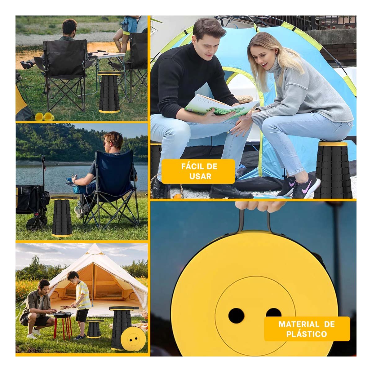 ASIENTO COMPACTO PLEGABLE CON SEGURO PORTATIL PARA HOGAR AMARILLO Y+PAPEL REGALO - 3
