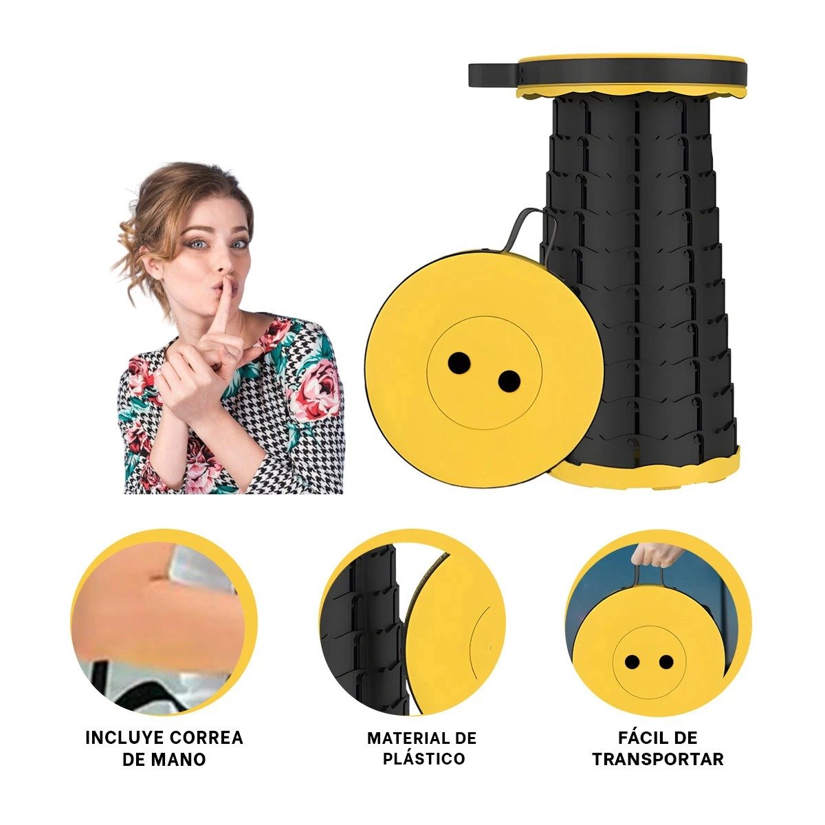 ASIENTO COMPACTO PLEGABLE CON SEGURO PORTATIL PARA HOGAR AMARILLO Y+PAPEL REGALO - 5