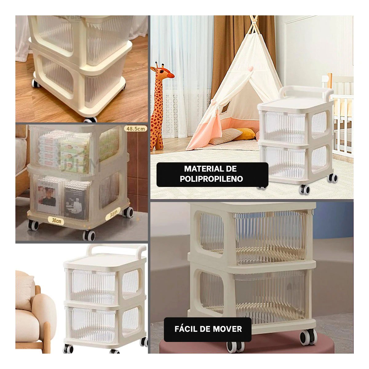 CARRITO AUXILIAR CERRADO CON CAJONES DE 2 NIVELES CON ASA BEIGE CLARO HOGAR Y+PAPEL REGALO - 3