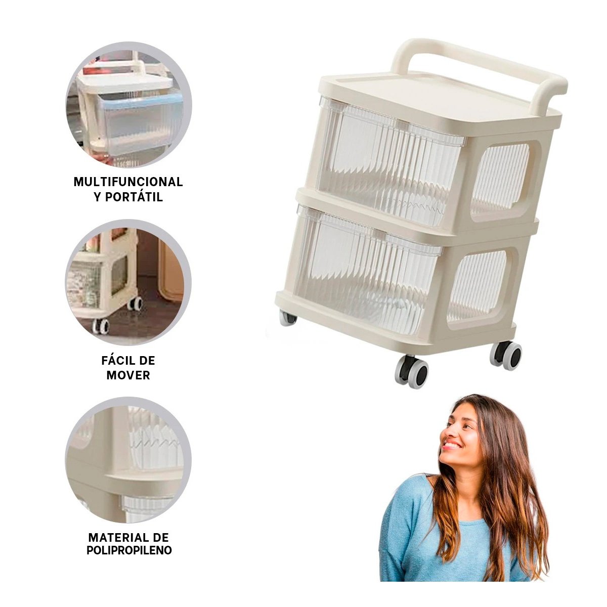 CARRITO AUXILIAR CERRADO CON CAJONES DE 2 NIVELES CON ASA BEIGE CLARO HOGAR Y+PAPEL REGALO - 5