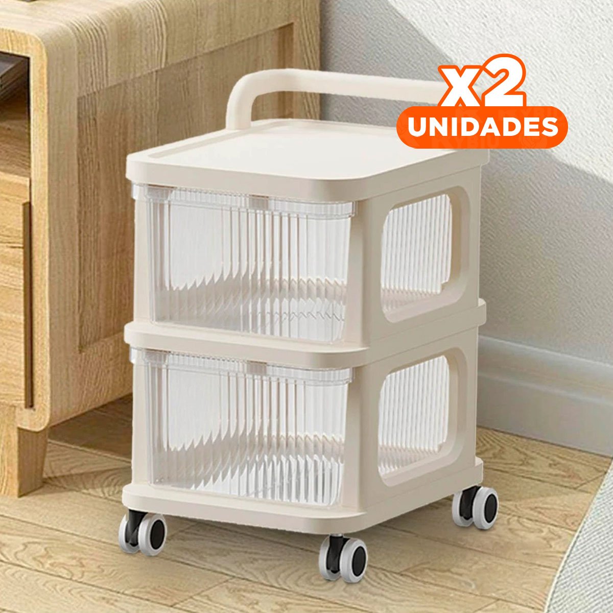 PACK2 ORGANIZADOR AUXILIAR CERRADO CON CAJONES DE 2 NIVELES CON ASA BEIGE CLARO Y+PAPEL REGALO - 1