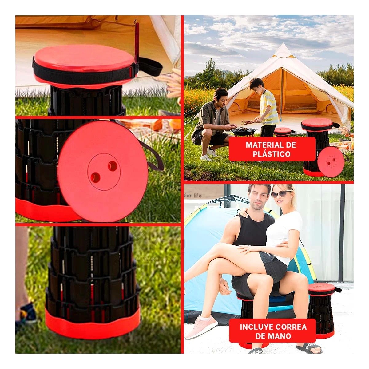 PACK6 TABURETE FUNCIONAL PLEGABLE 2 SEGUROS PORTATILES TONO ROJO BASE NEGRA Y+PAPEL REGALO - 3