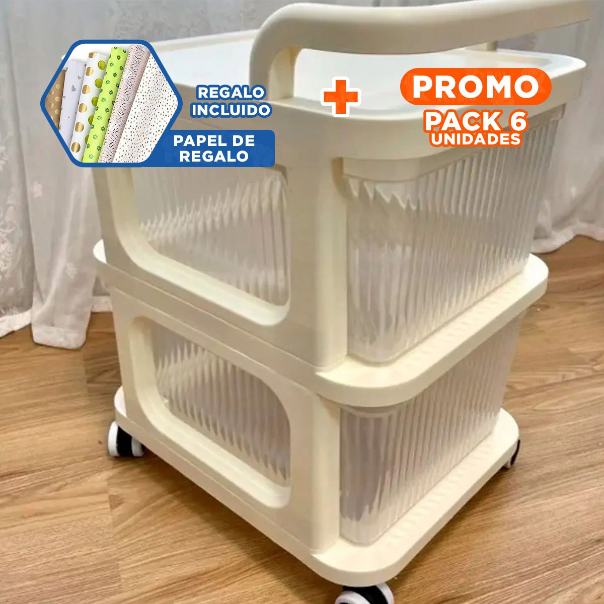 PACK6 GABINETE AUXILIAR CERRADO CON CAJONES DE 2 NIVELES CON ASA BEIGE CLARO - 1