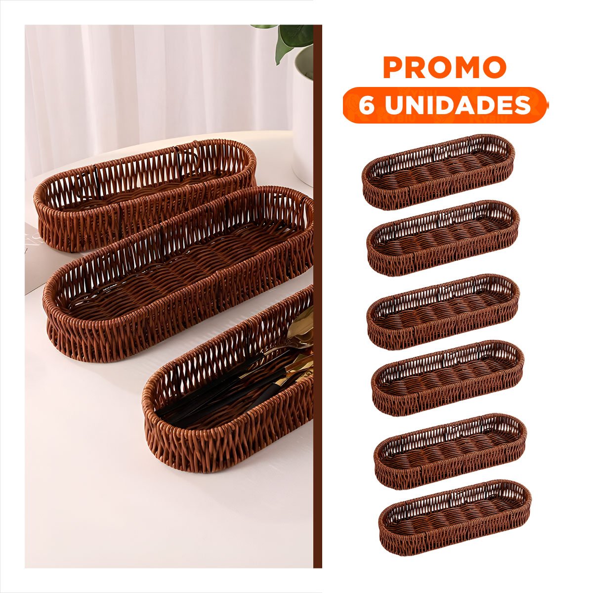 PACK6 CESTO DECORATIVO TEJIDO MULTIUSO OVALADO MARRON ORDEN PERSONAL DIARIO Y+REGALO STICKER - 1