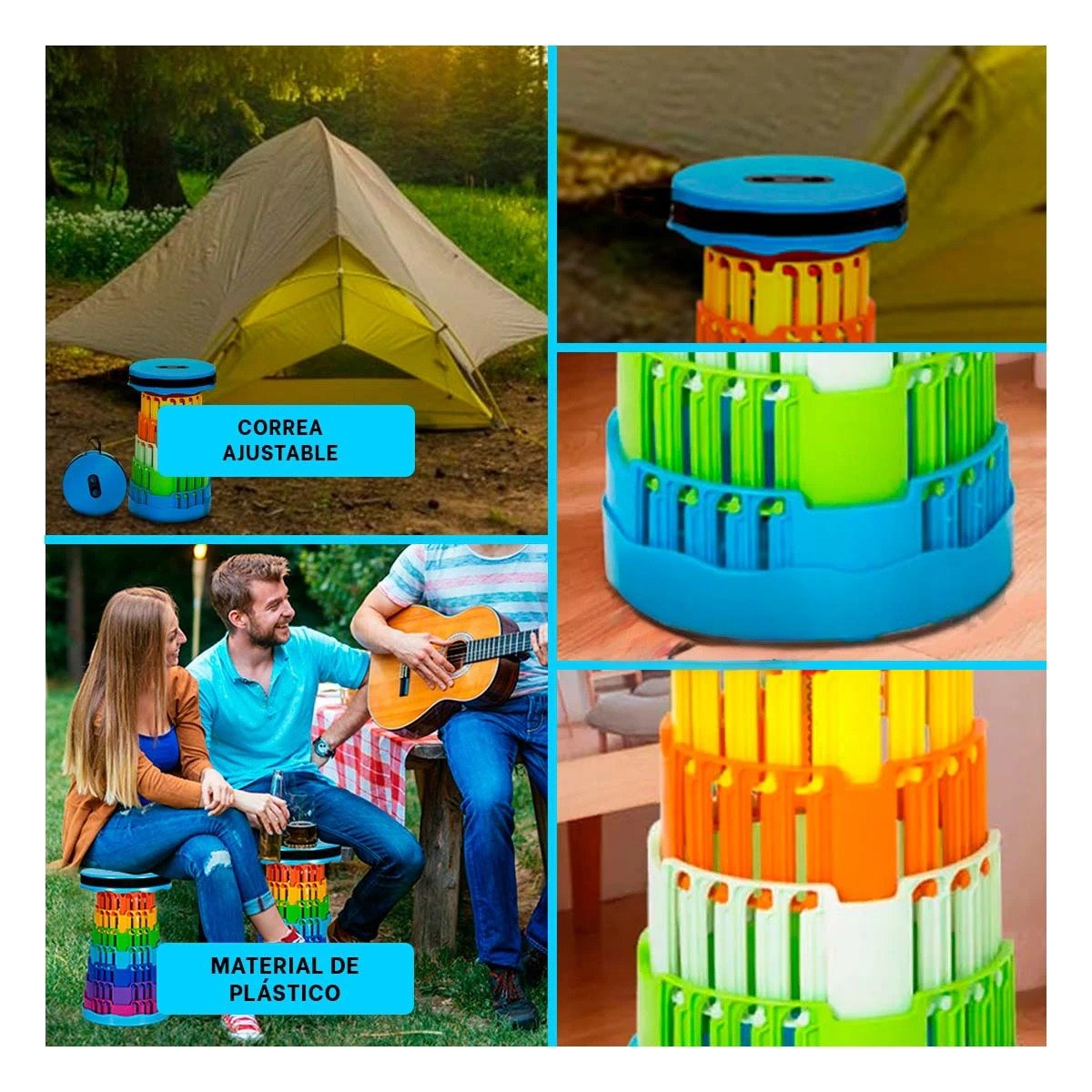 TABURETE PLEGABLE PORTATIL CON 2 SEGUROS PRACTICOS PARA HOGAR TAPA CELESTE MULTICOLOR Y+POST IT - 2