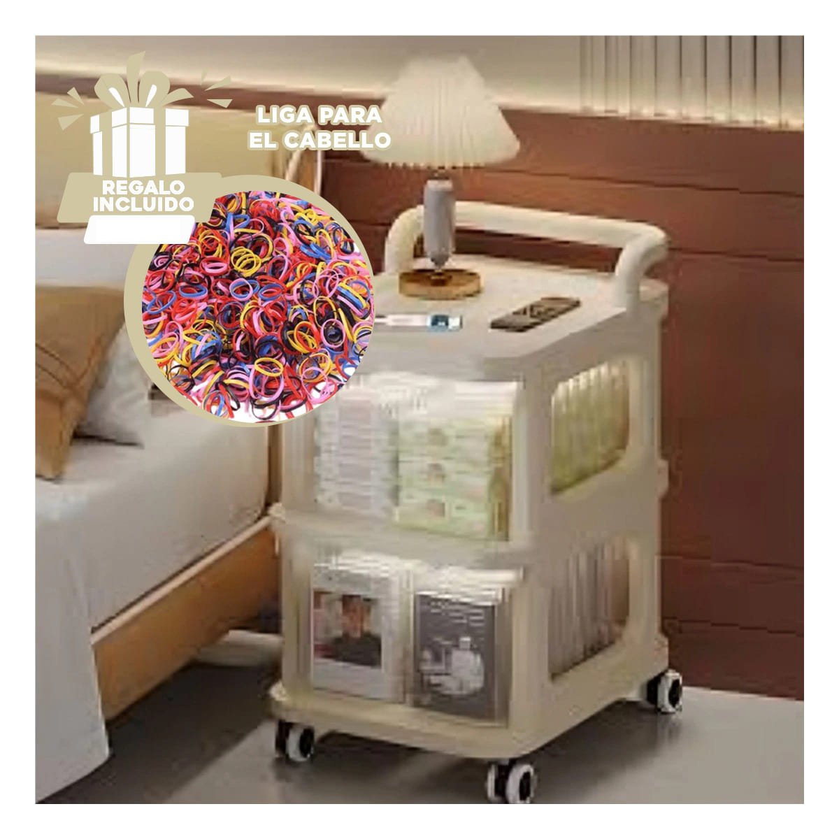 CARRITO MODERNO CERRADO CON CAJONES DE 2 NIVELES CON ASA BEIGE CLARO SALA Y+LIGAS REGALO - 2