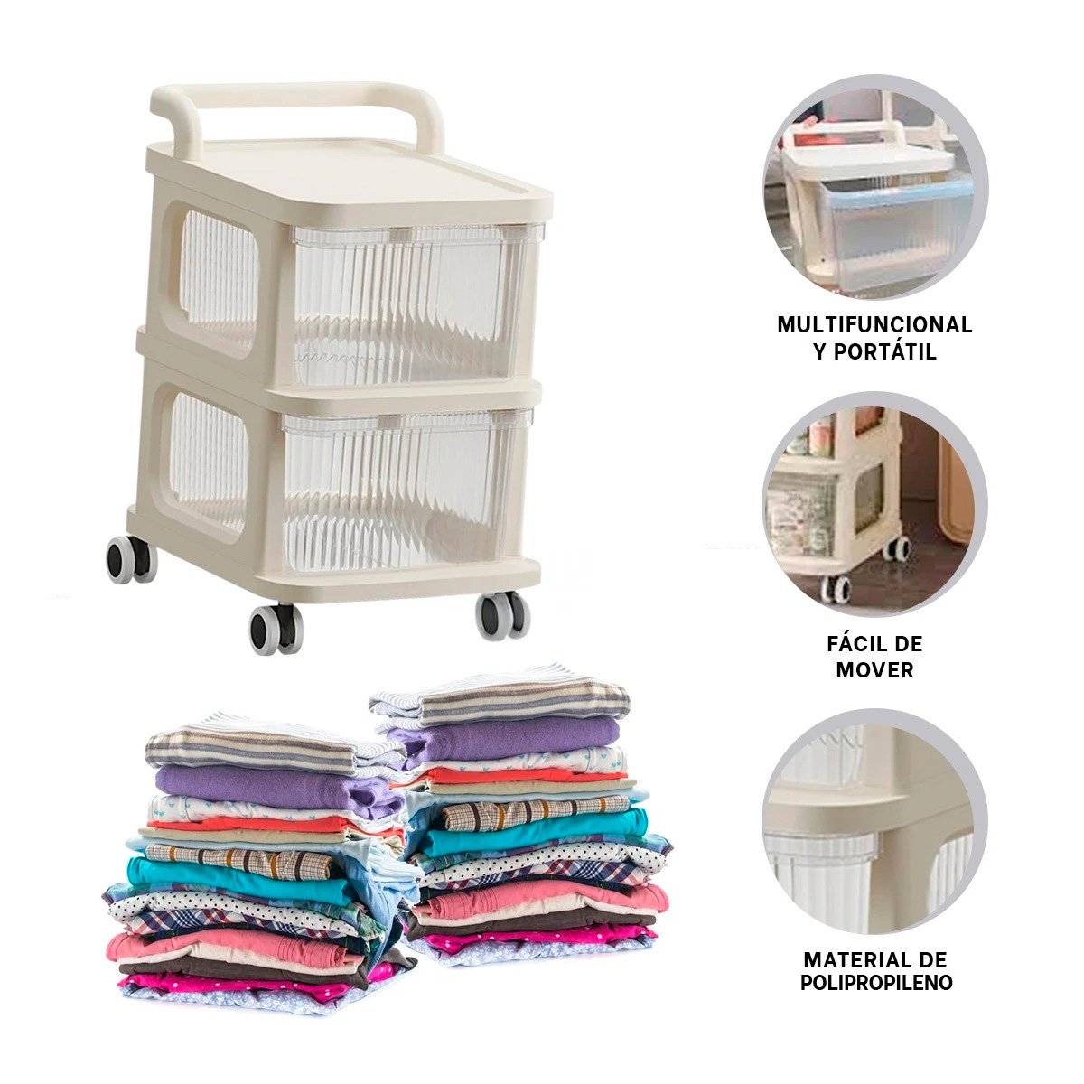 CARRITO COMPACTO CERRADO CON CAJONES DE 2 NIVELES CON ASA BEIGE CLARO HOGAR Y+POST IT - 5