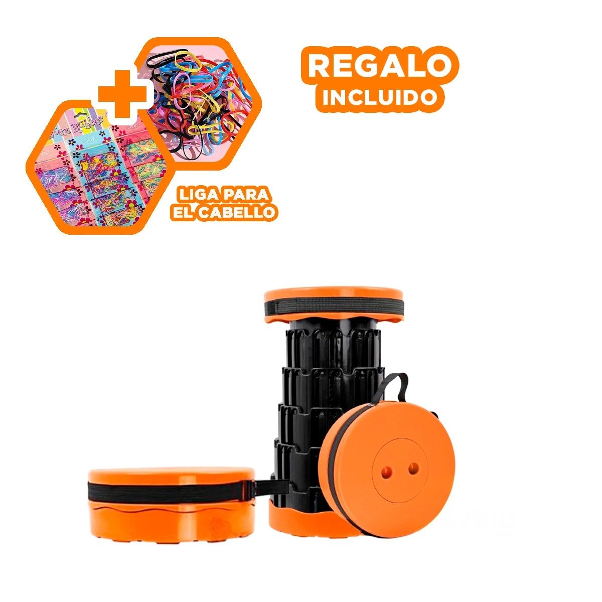 SILLA COMPACTA PLEGABLE 2 SEGUROS PORTATILES DISENO NARANJA NEGRO Y+LIGAS REGALO - 2