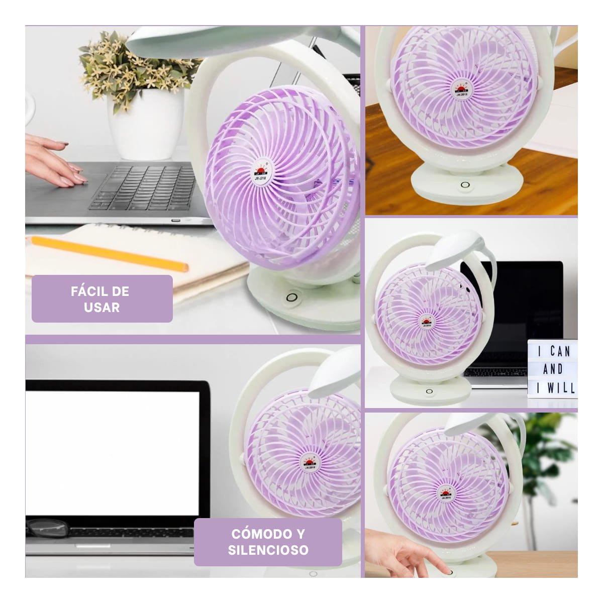 VENTILADOR RECARGABLE CON LAMPARA DE MESA DE 3 VELOCIDADES COMODO COLOR LILA - 2