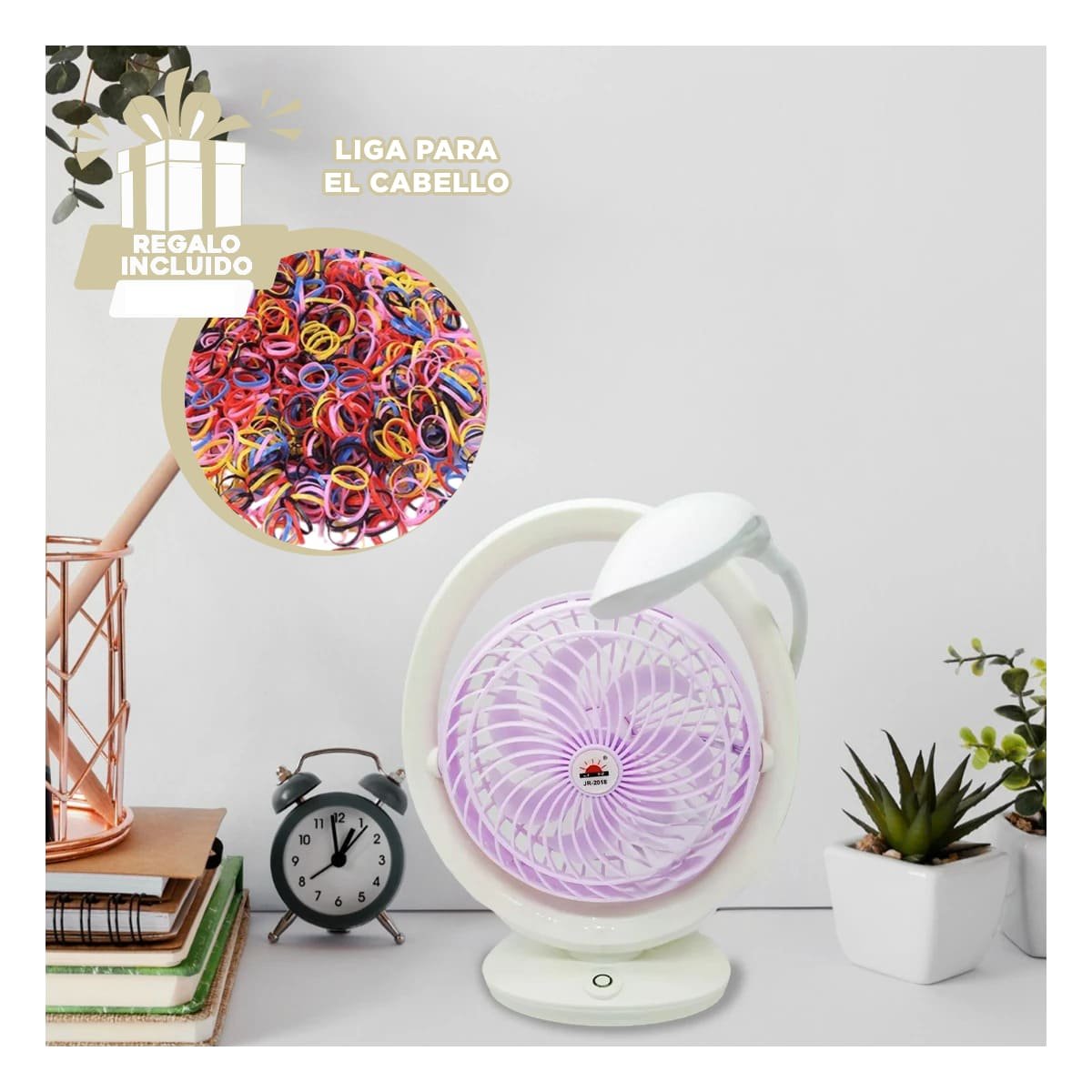 VENTILADOR MODERNO RECARGABLE CON ILUMINACION DE MESA 3 VELOCIDADES LILA Y+LIGAS REGALO - 2