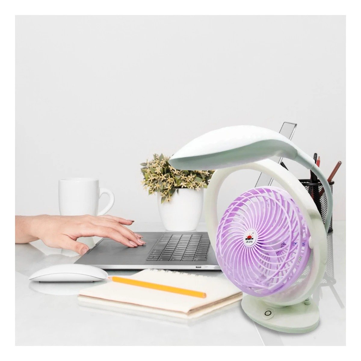 VENTILADOR MODERNO RECARGABLE CON ILUMINACION DE MESA 3 VELOCIDADES LILA Y+LIGAS REGALO - 3
