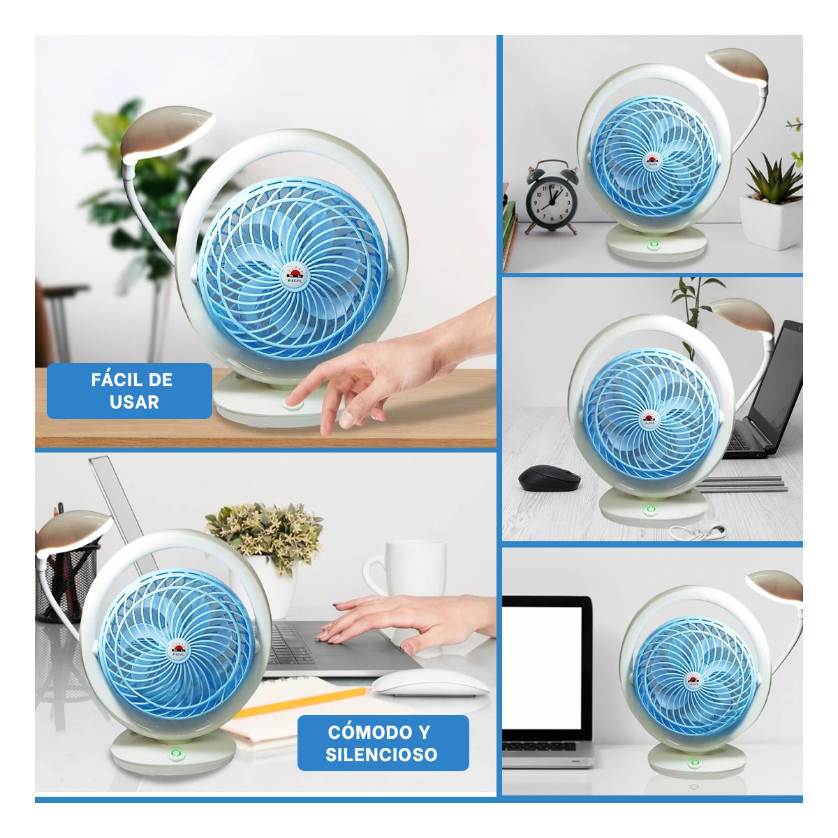 VENTILADOR MODERNO RECARGABLE CON ILUMINACION DE MESA 3 VELOCIDADES CELESTE Y+LIGAS REGALO - 1