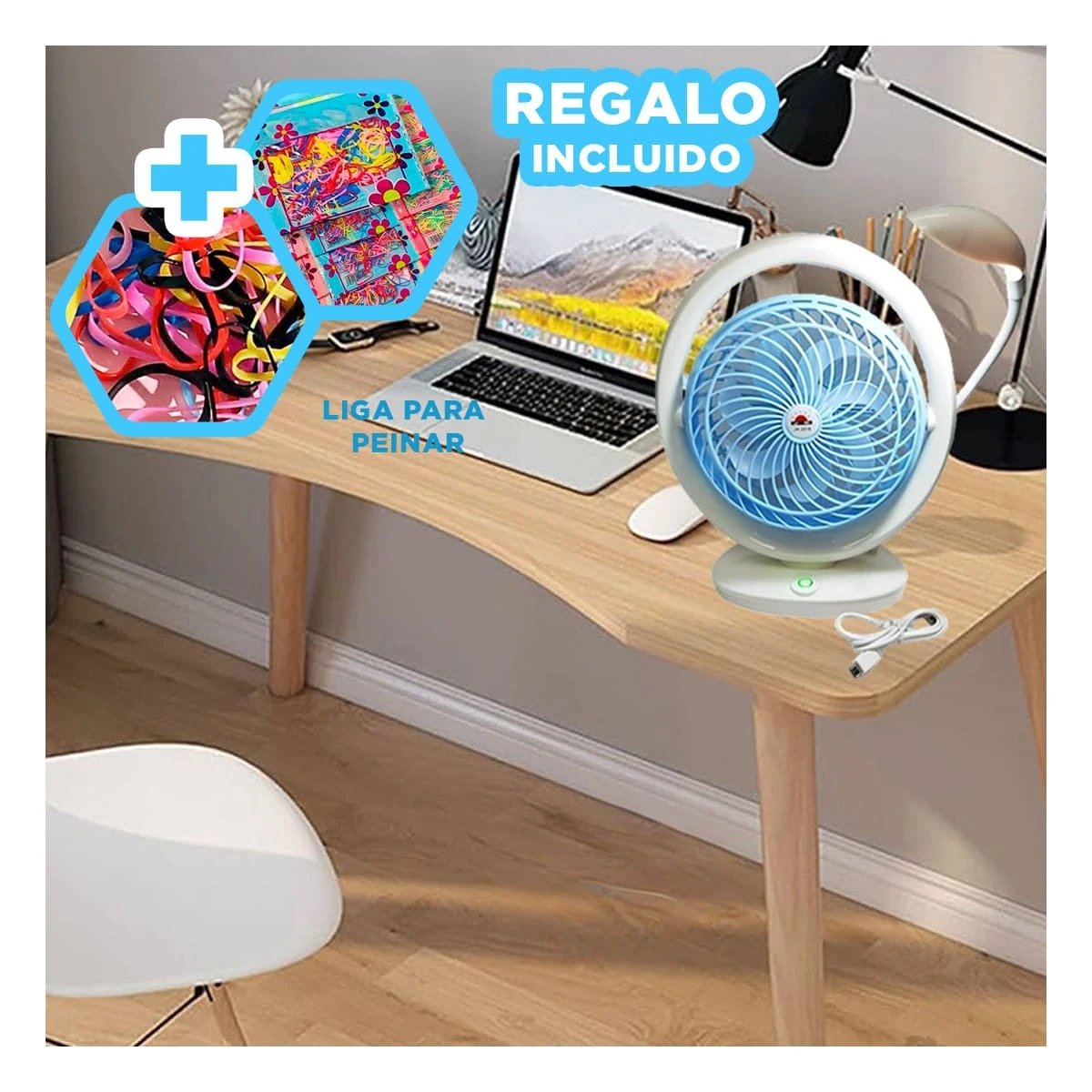 VENTILADOR MODERNO RECARGABLE CON ILUMINACION DE MESA 3 VELOCIDADES CELESTE Y+LIGAS REGALO - 2