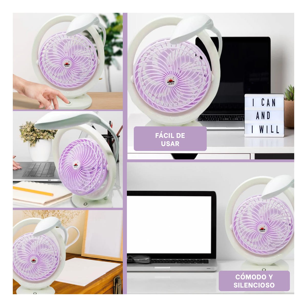 VENTILADOR PORTATIL RECARGABLE CON LUZ DE MESA Y 3 VELOCIDADES LILA Y+PAPEL REGALO - 3