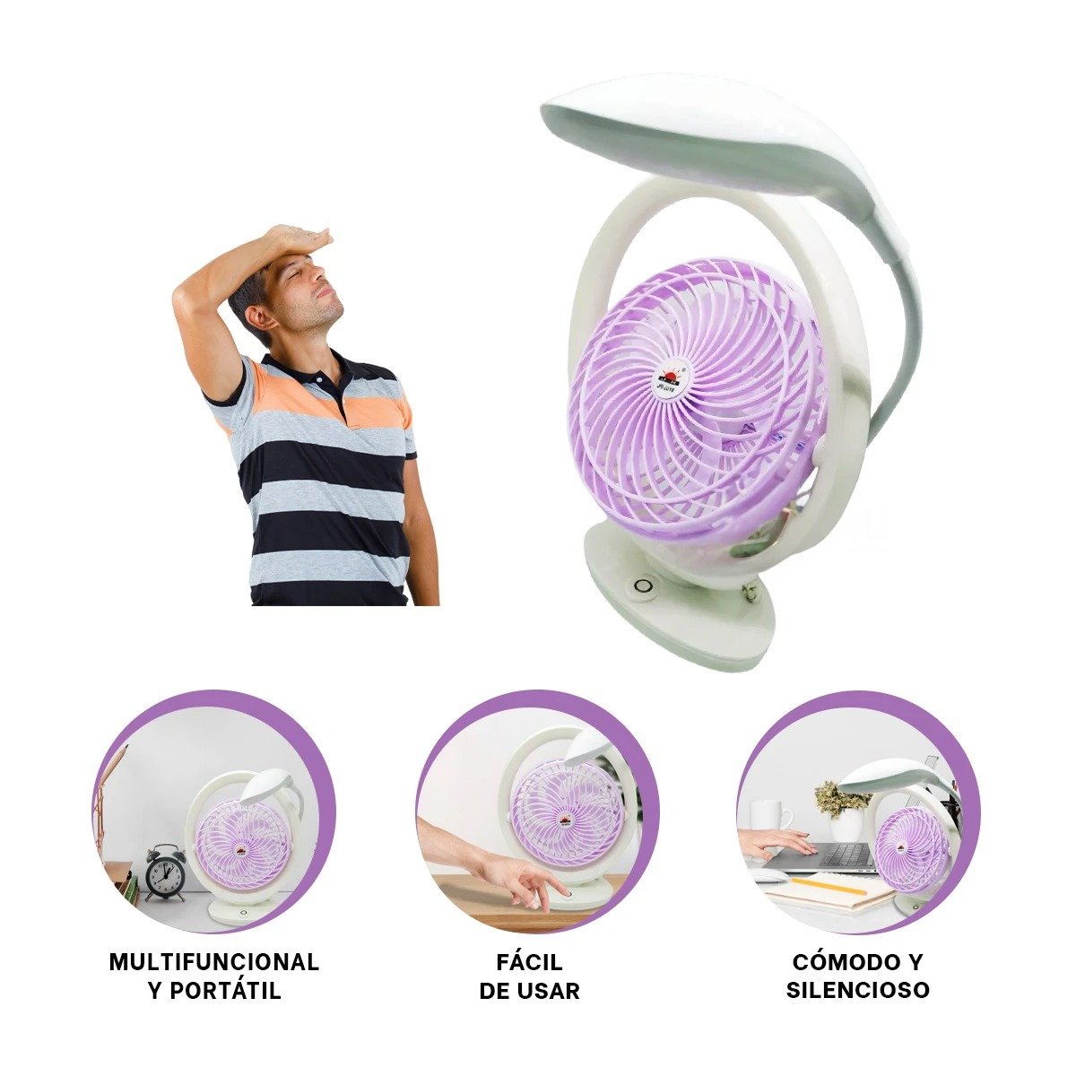 VENTILADOR PORTATIL RECARGABLE CON LUZ DE MESA Y 3 VELOCIDADES LILA Y+PAPEL REGALO - 5