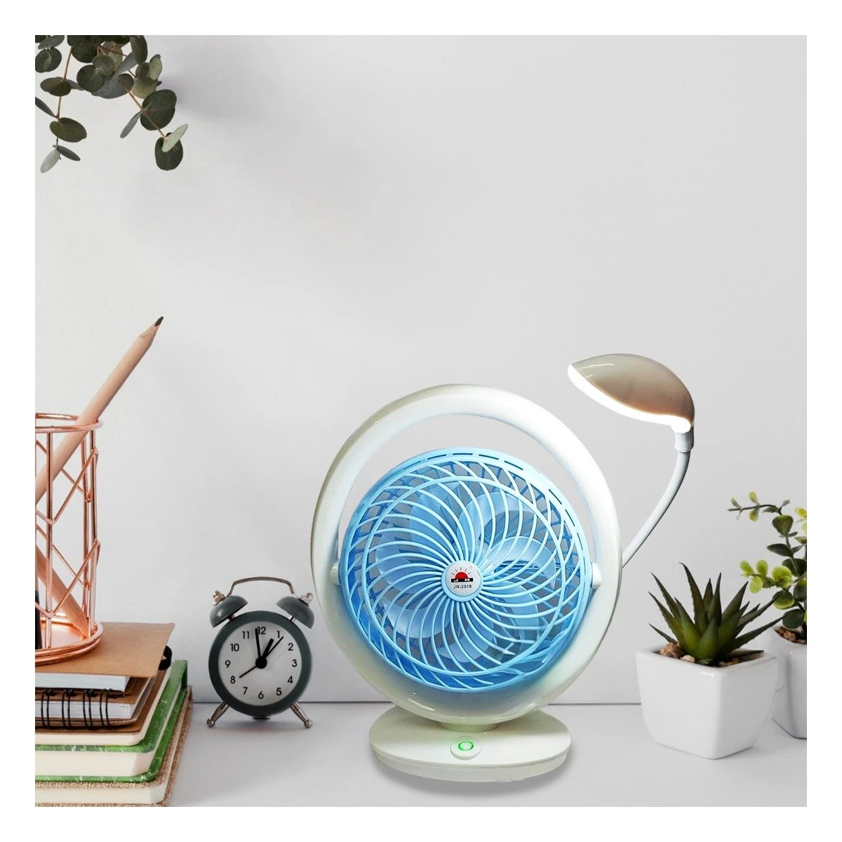 VENTILADOR PORTATIL RECARGABLE CON LUZ DE MESA Y 3 VELOCIDADES CELESTE Y+PAPEL REGALO - 1