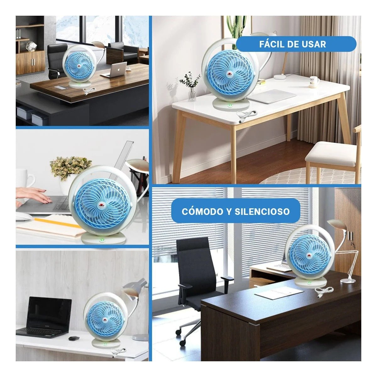 VENTILADOR PORTATIL RECARGABLE CON LUZ DE MESA Y 3 VELOCIDADES CELESTE Y+PAPEL REGALO - 3