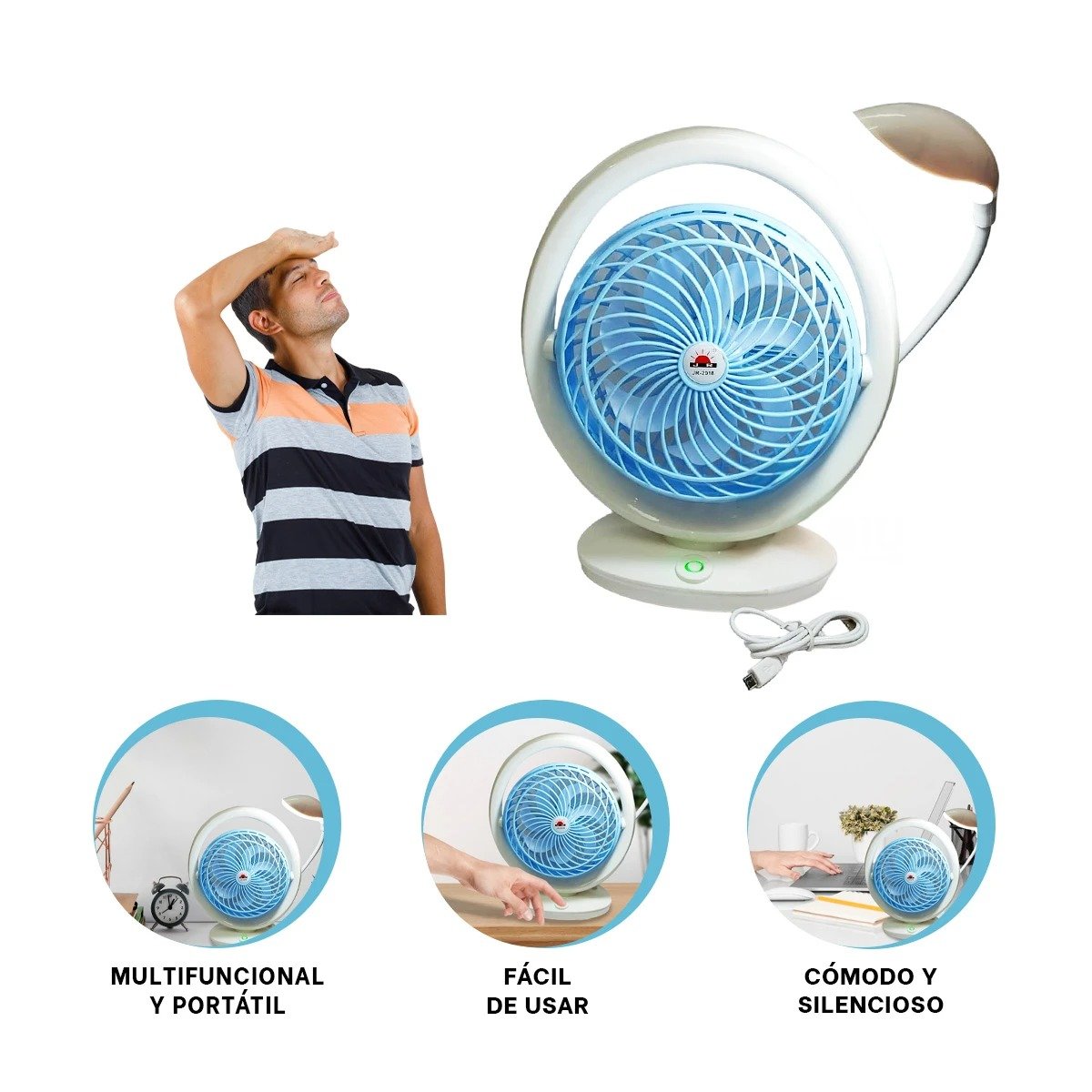 VENTILADOR PORTATIL RECARGABLE CON LUZ DE MESA Y 3 VELOCIDADES CELESTE Y+PAPEL REGALO - 5