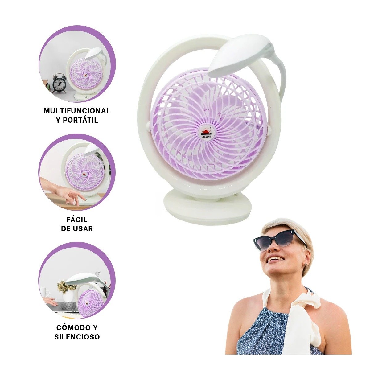 VENTILADOR PRACTICO RECARGABLE CON LUZ DE MESA Y 3 VELOCIDADES LILA Y+POST IT - 5