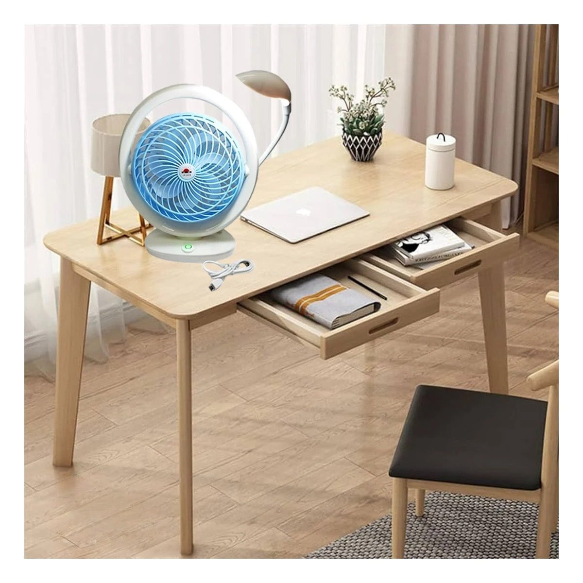 VENTILADOR PRACTICO RECARGABLE CON LUZ DE MESA Y 3 VELOCIDADES CELESTE Y+POST IT - 3