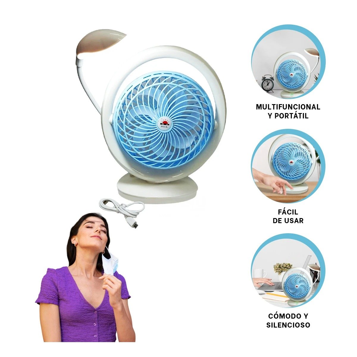 VENTILADOR PRACTICO RECARGABLE CON LUZ DE MESA Y 3 VELOCIDADES CELESTE Y+POST IT - 5