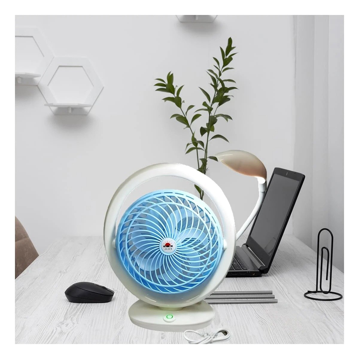 VENTILADOR RECARGABLE CON LAMPARA DE MESA DE 3 VELOCIDADES COLOR CELESTE - 3