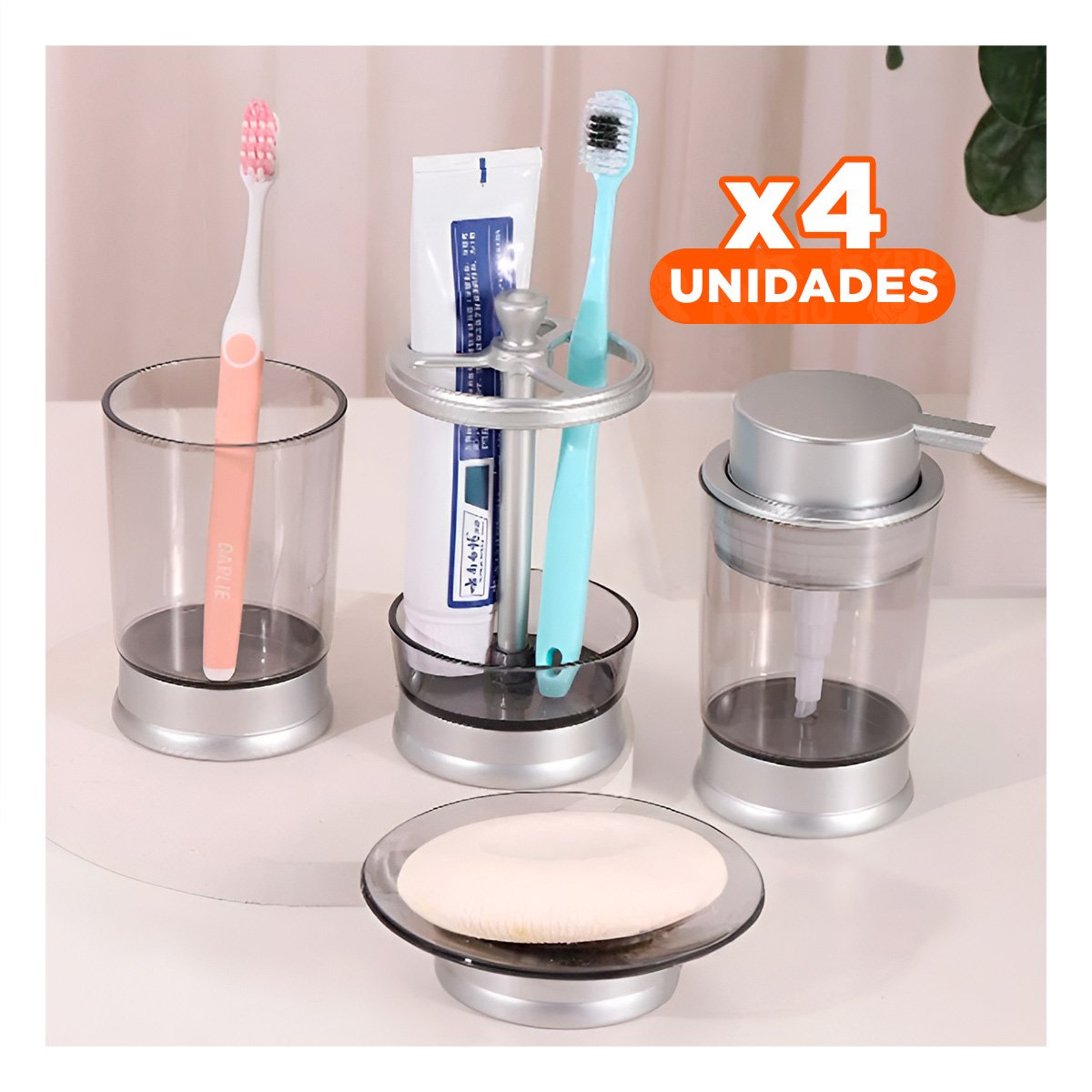 PACK4 COLECCION FUNCIONAL ASEO 4 PIEZAS PLATEADO PARA HOGAR MODERNO TOTAL MAXIMO Y+PAPEL REGALO - 1