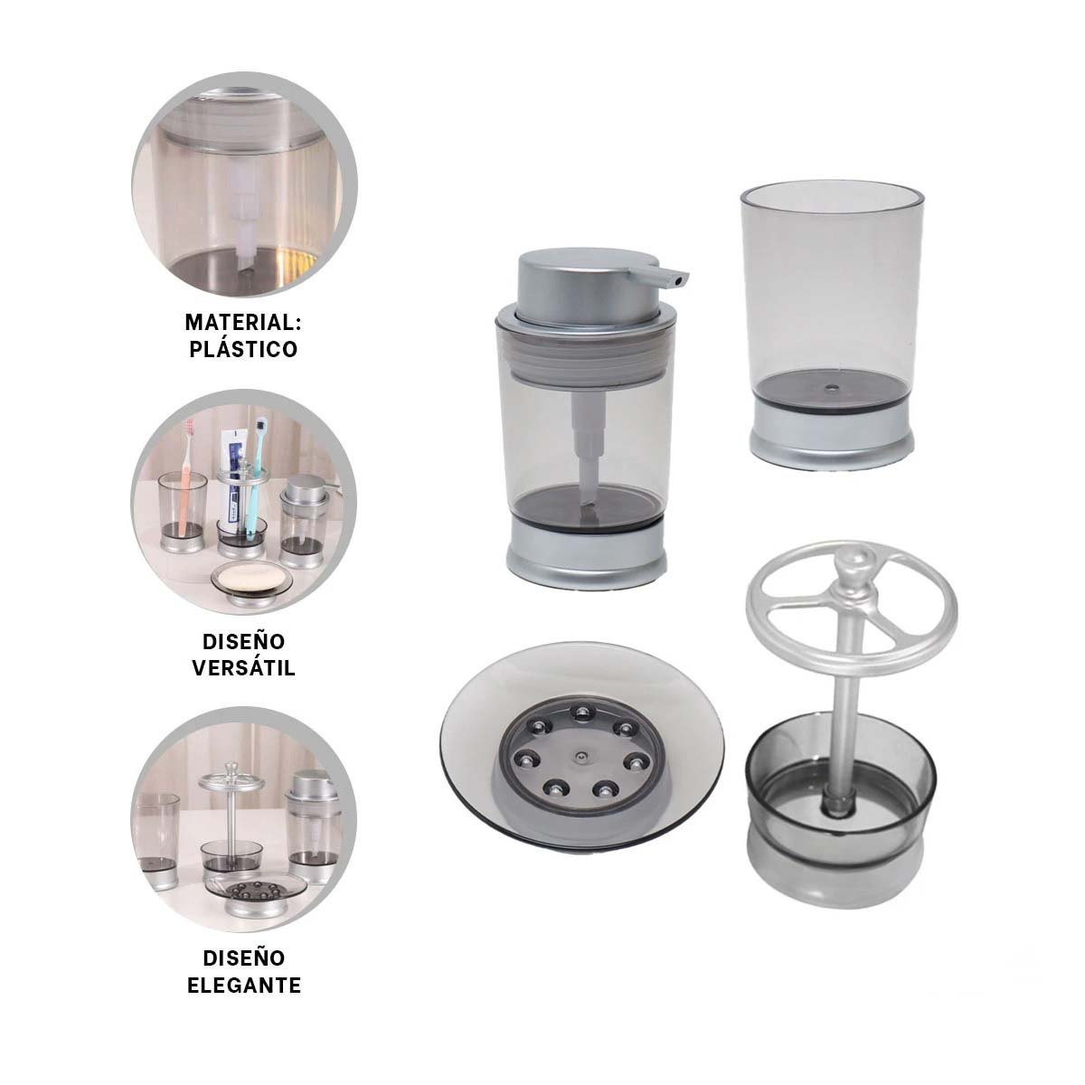 SET FUNCIONAL ASEO 4 PIEZAS PLATEADO PARA HOGAR MODERNO TOTAL MAXIMO Y+POST IT - 5