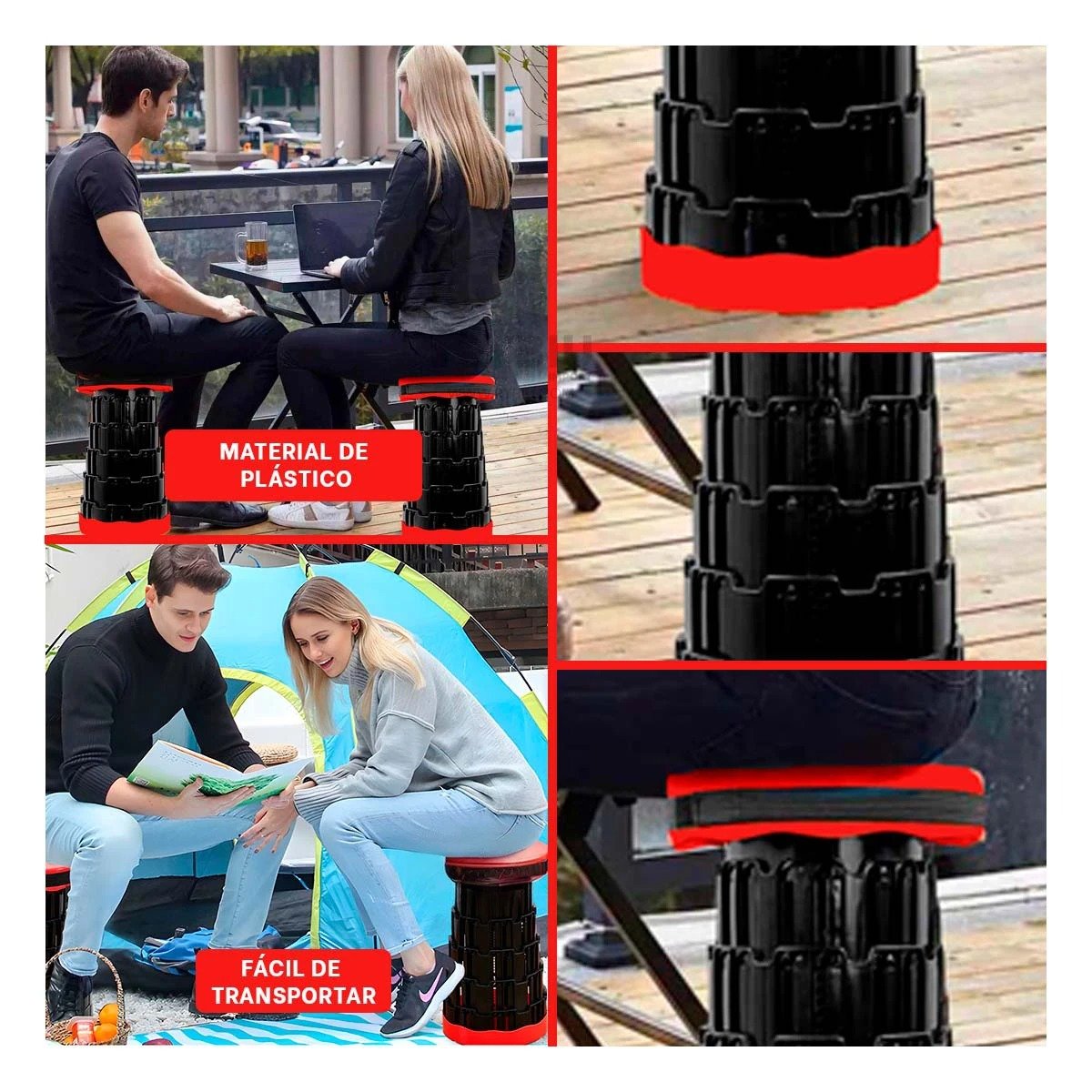 SILLA PRACTICA PLEGABLE 2 SEGUROS PORTATILES ROJO NEGRO HOGAR MODERNO Y+PAPEL REGALO - 3