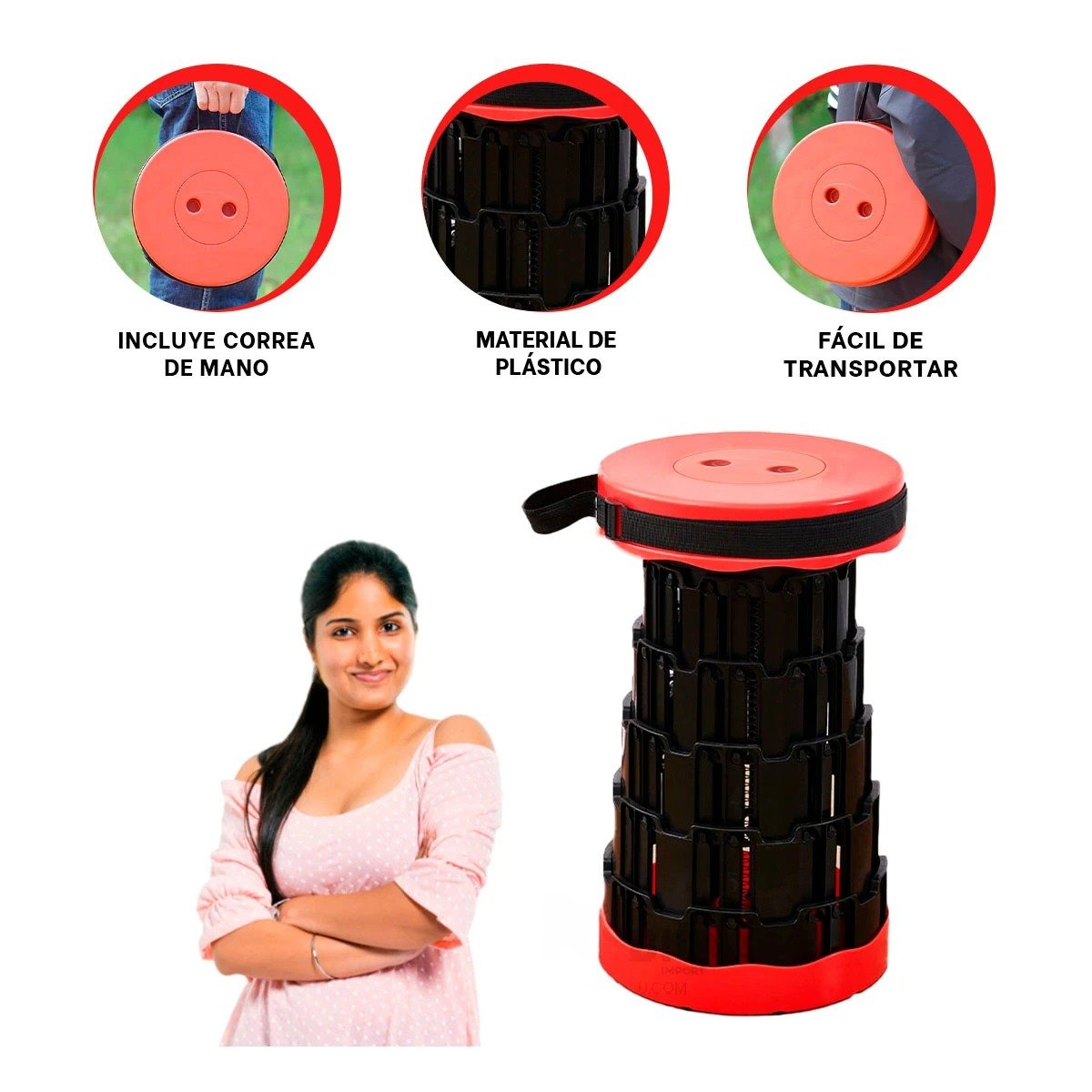 SILLA PRACTICA PLEGABLE 2 SEGUROS PORTATILES ROJO NEGRO HOGAR MODERNO Y+PAPEL REGALO - 5