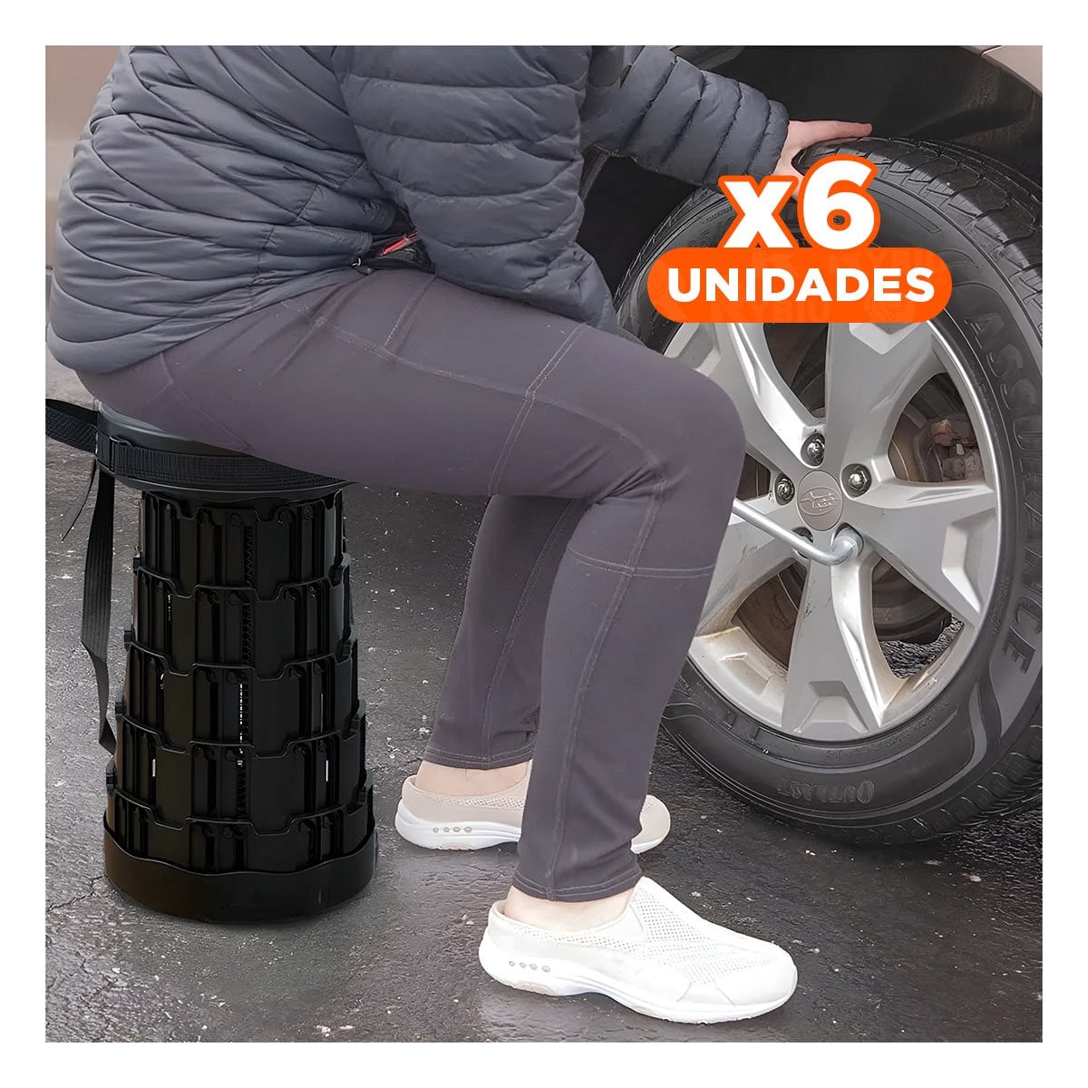 PACK6 ASIENTO NEGRO PLEGABLE PORTATIL CON DOBLE SEGURO PARA HOGAR Y EXTERIOR Y+PAPEL REGALO - 1